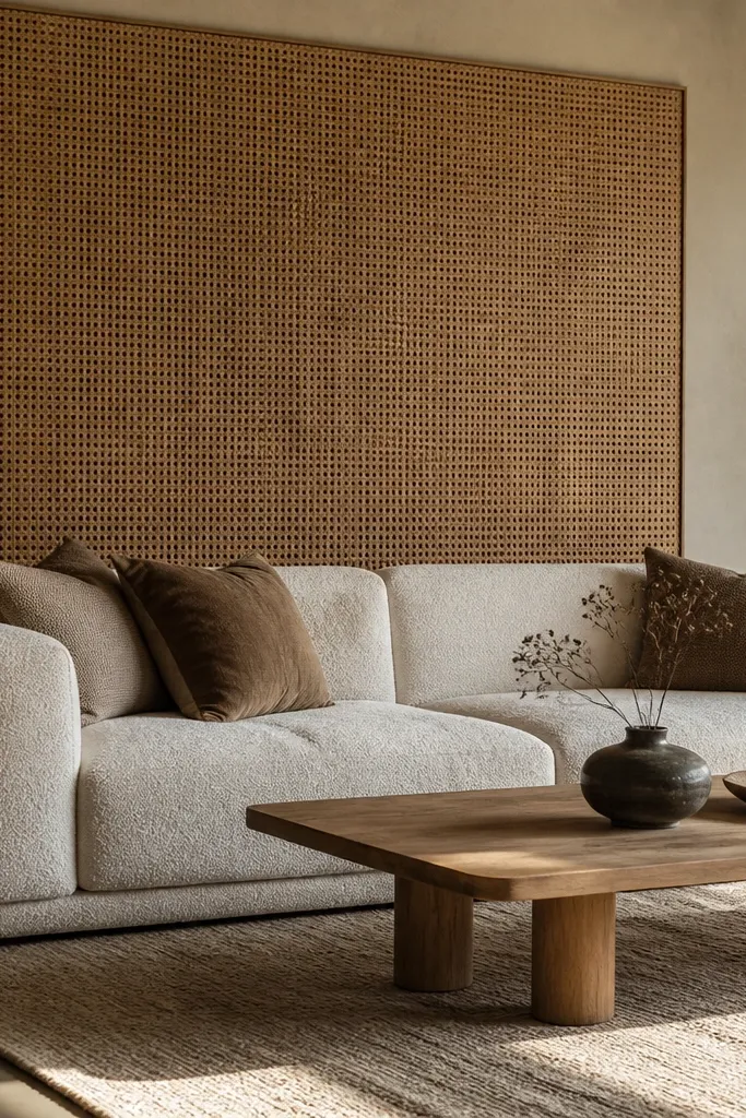 A large rattan screen panel is mounted behind a modern sofa. The screen has a honey-colored weave and a clean rectangular outline. Two floor lamps with linen shades flank the sofa.