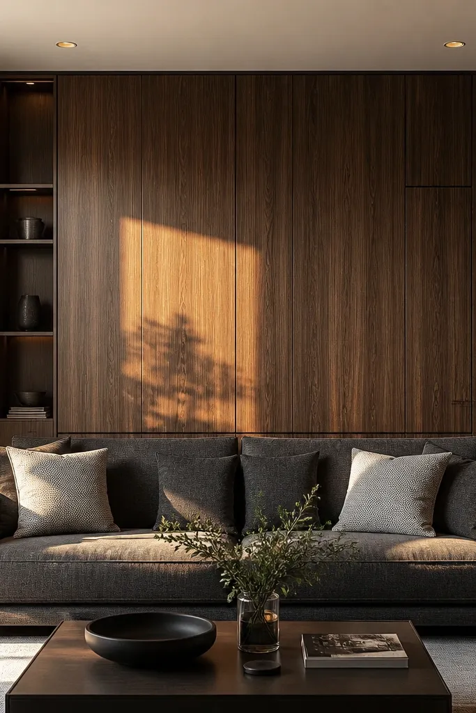 A dark walnut veneer feature wall behind the sofa shows vertical grain lines. The panel area is framed with thin black trim. A narrow console sits below with a black vase and brass tray.