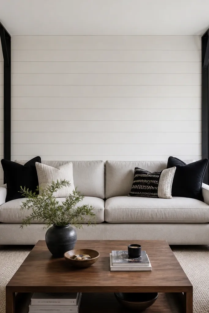 A white shiplap wall sits behind the sofa with clean horizontal lines. Two black corner brackets support a floating shelf centered above the sofa. The shelf has a few minimal objects in neutral tones.