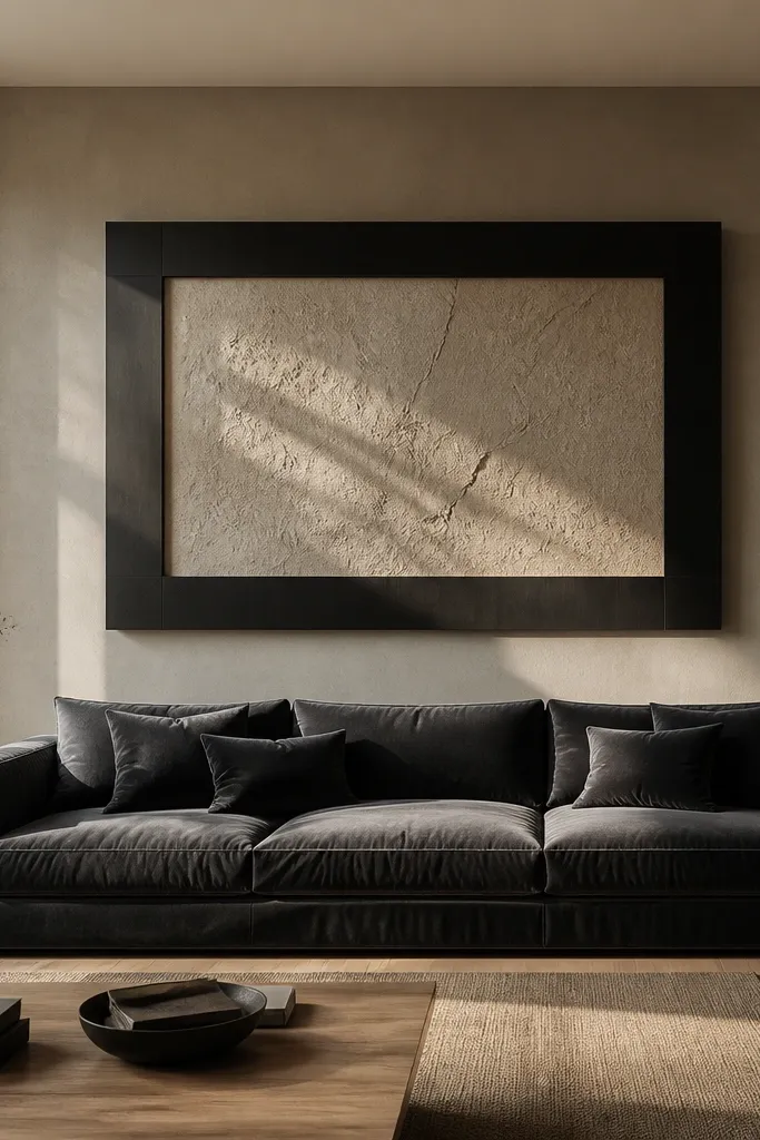 A stone-plaster textured rectangle sits behind the sofa. A matte black frame outlines the rectangle, with thin black trim lines. A minimal mirror hangs centered on the plaster area.