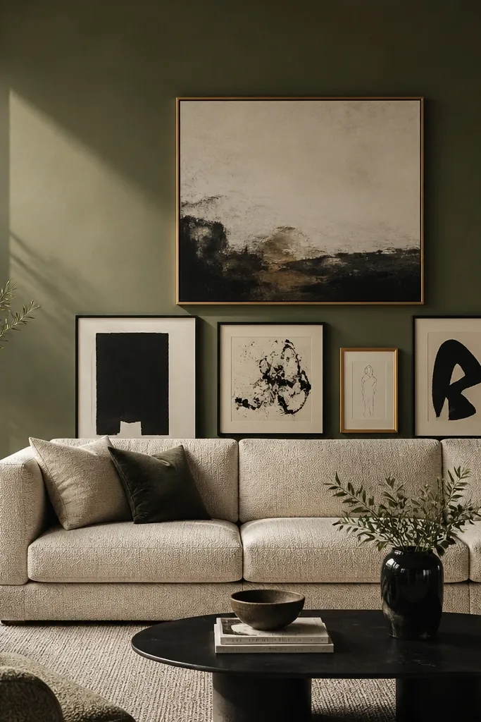 The wall is painted warm white. An oversized abstract print hangs centered above the sofa, and a small gallery of two or three smaller frames sits only on the lower portion, aligned near the console height.