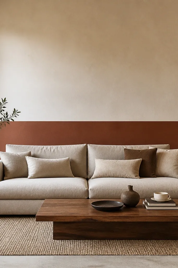 A sofa back wall is painted in two blocks: warm off-white on top and a clay terracotta band across the middle. The sofa sits centered, and a large rectangular mirror hangs on the off-white area.