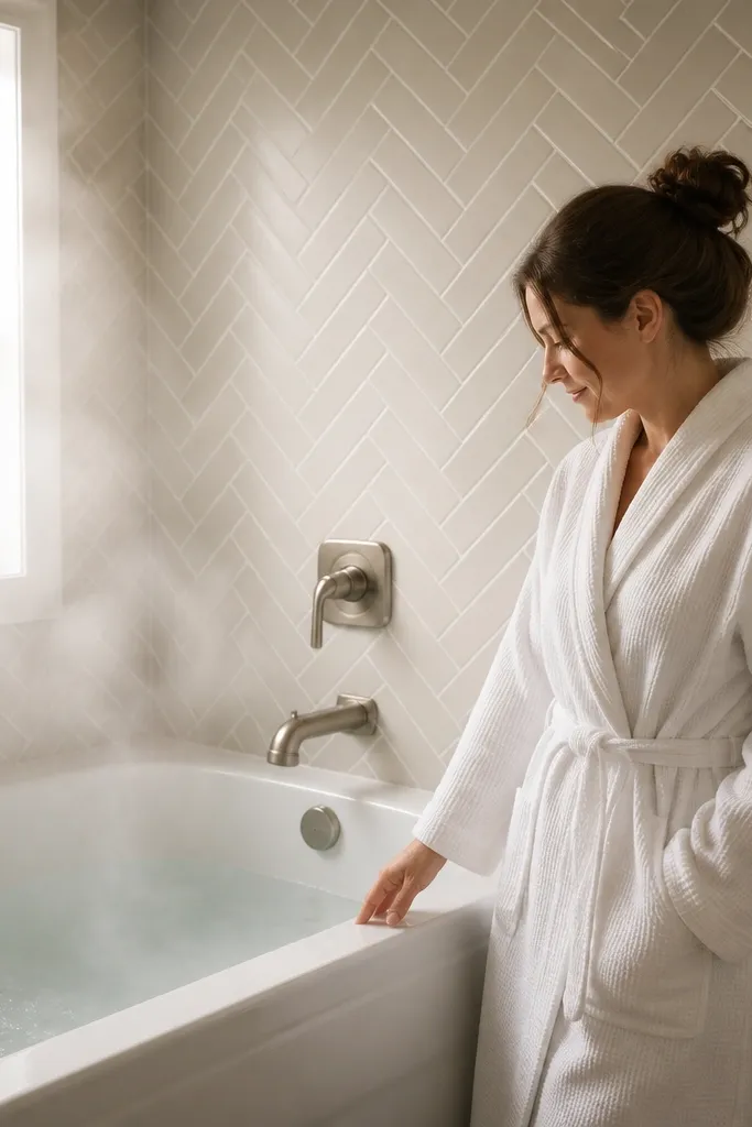A small full bathroom shows a white bathtub with a tub surround tiled in narrow herringbone in creamy off-white. The grout is warm white, the floor is matte light gray tile, and there's a large frameless mirror over a slim vanity. A satin brass towel bar sits to the side, and a small niche shelf is tiled the same as the surround.