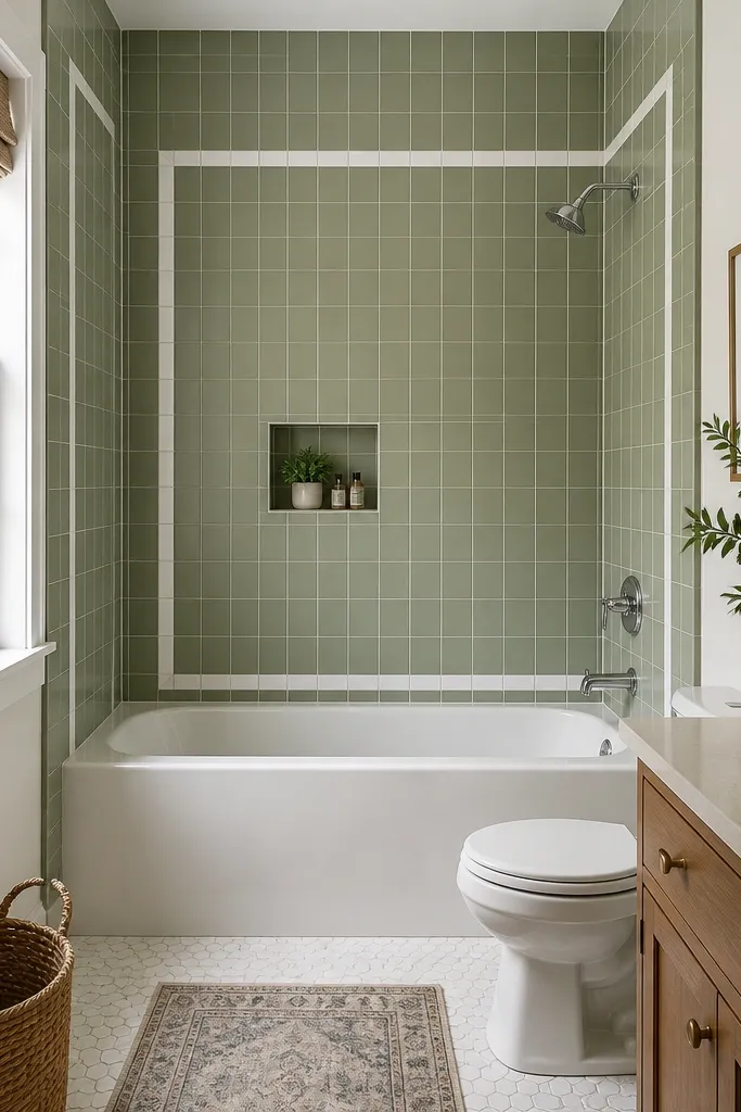 A compact full bathroom has a bathtub with a matte sage-green surround. The border line is a thin strip of white glossy tile running around the tub at about mid-height. The vanity is white with a simple chrome faucet, and the wall above the tub is painted soft warm white. A round mirror with a thin brass rim hangs centered over the vanity.