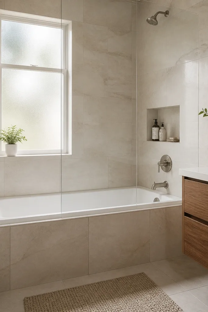 A compact bathroom has a bathtub against a wall corner. The tub surround tile wraps onto the adjacent side wall so the same pattern continues around the corner. The vanity has a simple white countertop, and a long mirror runs horizontally above it. A slim towel rack hangs on the tiled side wall.