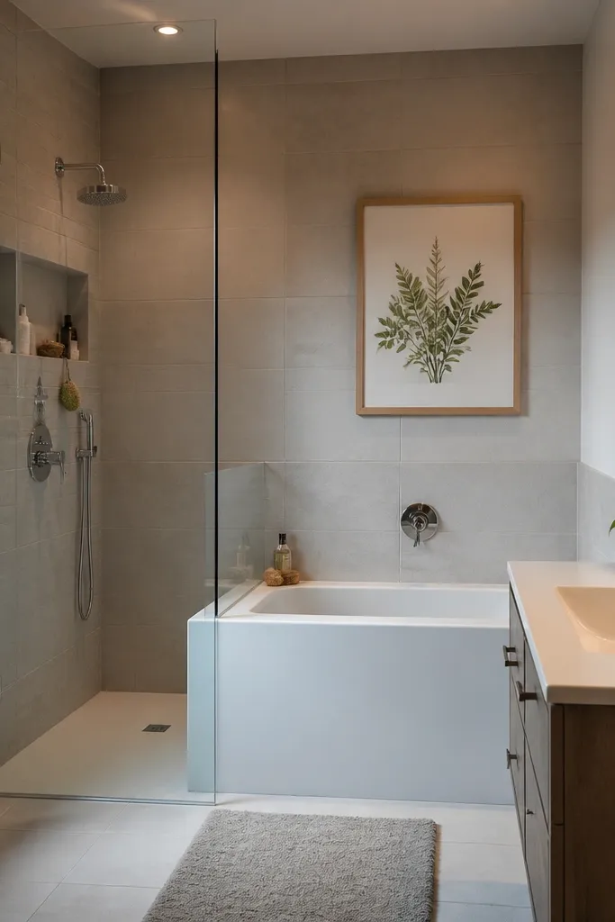 A small full bathroom shows a white bathtub with a frameless clear glass panel on the side, leaving the front open. The tile surround is large-format matte white, with a simple niche shelf. A thin black faucet and drain hardware are visible, and the window has a light linen blind.