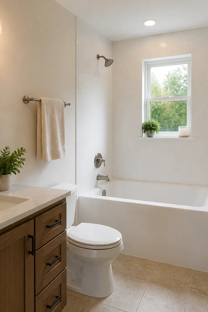 A small full bathroom has a bathtub with a seamless warm white solid-surface surround. There are no visible grout lines, just clean seams at corners. The floor is small square porcelain in light beige, and a large mirror with a thin gold frame hangs above a slim vanity. A chrome towel bar sits on the adjacent wall.