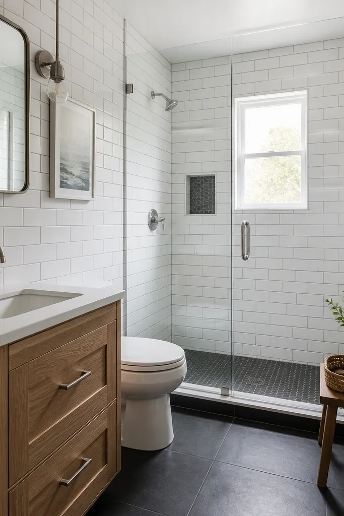 A compact full bathroom shows ceiling-to-floor subway tile in soft white. The grout is light gray, and the floor is dark charcoal small-format tile. The tub has a white apron front, and the mirror is a simple rectangle with a black frame. A black towel bar and toilet paper holder match the faucet hardware.