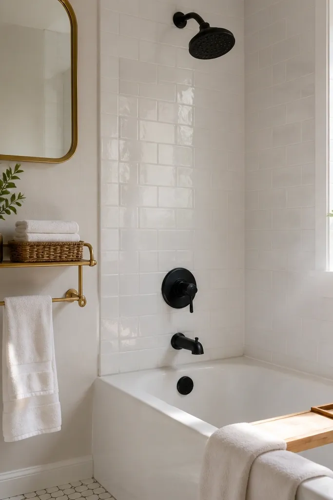 A small full bathroom shows a white tub with a white tile surround. The faucet, drain cover, and towel bar are matte black. Brass accents appear on a small wall-mounted shelf and a round mirror frame. The walls are painted warm off-white, and the vanity has a light wood drawer front.