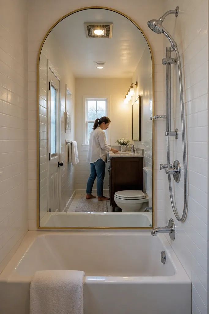 A small full bathroom has a bathtub with a light gray surround. Above the vanity, a large mirror is mounted so its lower edge lines up visually with the tub rim height. The mirror has a thin frame, and the walls are painted soft white. A slim medicine cabinet sits off to the side, and towels are folded on a shelf under the mirror line.