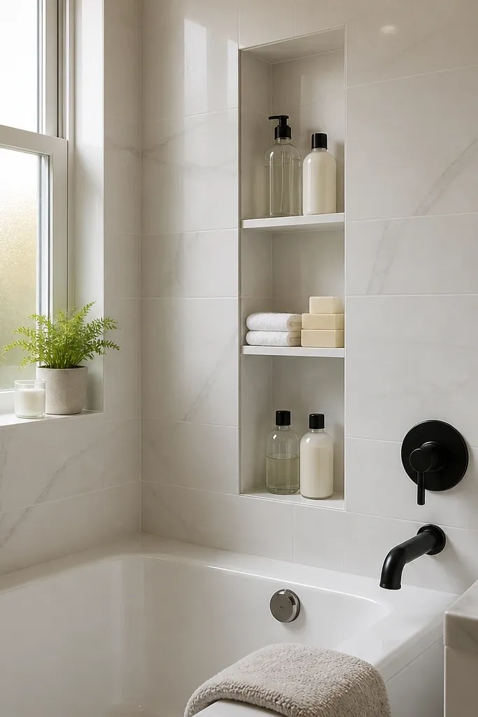 A compact full bathroom shows a tub with a tile surround that has two tall narrow niches stacked vertically. The niches have the same tile as the wall and look built-in. A slim wood vanity sits below a mirror, and the floor tile is light beige. A towel bar is installed on the wall outside the niche area.