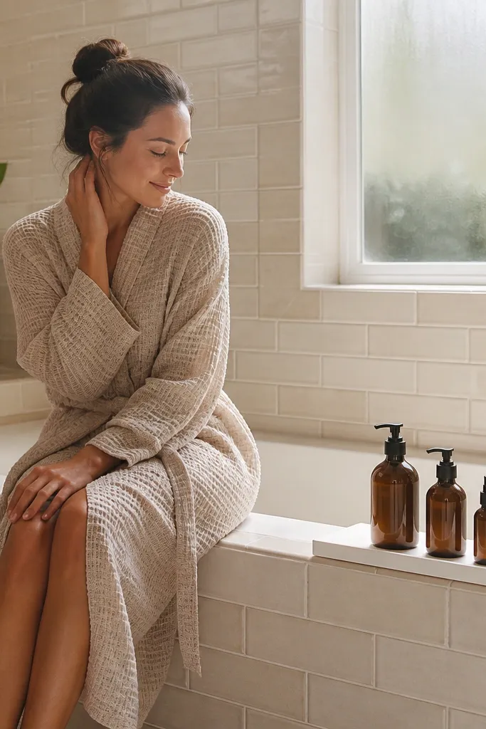 A small bathroom has a tub with a built-in ledge that wraps around part of the tub wall, tiled in light cream. A wipeable acrylic tray sits on the ledge with a soap dispenser and a small plant. The mirror is rectangular with a thin white frame, and the vanity is a simple white console.