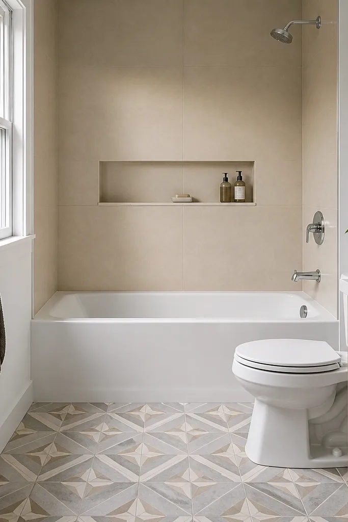A small full bathroom features a white bathtub with a simple white tile surround. The floor has a small geometric patterned tile in light gray and warm beige. The vanity is light wood with a white top, and the mirror is a simple round one. The walls are painted warm white, and the towel bar is satin nickel.