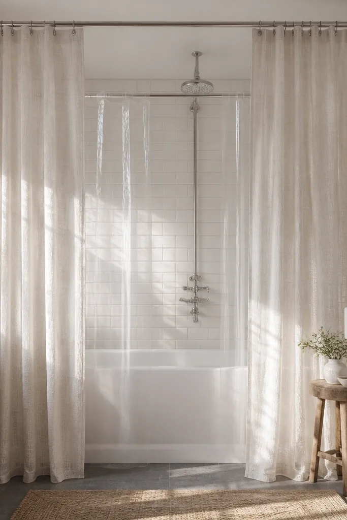 A compact bathroom shows a bathtub with a ceiling-mounted rod. There are two curtains: an inner white waterproof liner and an outer sheer fabric curtain in light linen. The curtains hang wider than the tub edges and don't touch the floor. The walls are painted soft white, and the vanity has a slim black faucet.
