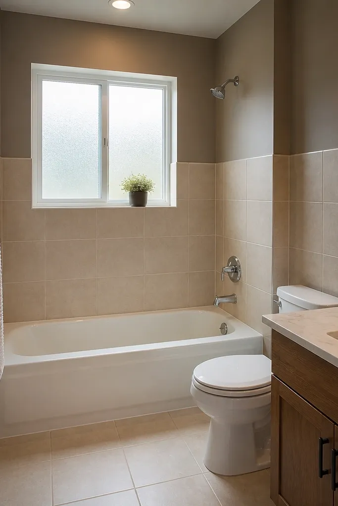 A small full bathroom shows a bathtub with a tiled surround that stops at about 54 inches. The lower half is white ceramic tile, and the upper wall is painted a soft warm gray. There's a simple rectangular mirror, a narrow medicine cabinet, and a light wood vanity. The floor is matte beige tile.