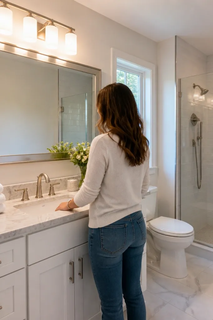 A small full bathroom shows a tub surround in marble-look porcelain with very light gray veining. The grout is white, and there's a satin nickel trim strip at edges. The vanity is white with a satin nickel faucet, and the mirror is a frameless rectangle. The floor is a matching marble-look tile in smaller squares.
