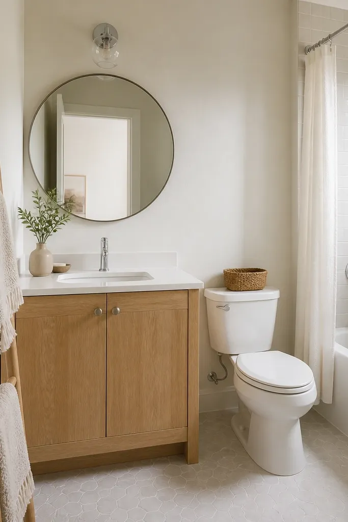 A small full bathroom with a 16-18 inch deep light oak vanity, a white quartz top, and a round mirror centered above a single sink. The walls are warm off-white, and a simple chrome faucet reflects light softly. A narrow towel ladder leans on the side wall near the door.