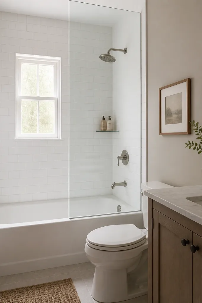 A compact full bathroom where the tub/shower surround is tiled from floor to ceiling in small matte white subway tiles. In the corner, a clear glass shampoo shelf is installed. The rest of the walls are a warm greige paint. A frameless glass panel separates the tub area.