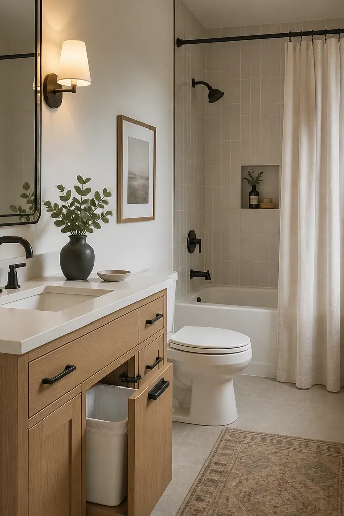 A small full bath with a light wood vanity, black matte faucet, and black cabinet pulls. A slim pull-out trash bin sits inside the vanity door area. The mirror is a simple rectangle with thin black trim. A small wall sconce with a white shade glows on the left side.
