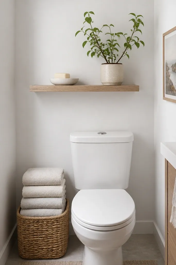 A small bathroom with a floating shelf above the toilet and a vertical stack of folded towels in a slim basket below. The walls are painted soft white, and the shelf holds a ceramic soap dish and a small plant. A small framed print sits to the right of the toilet.