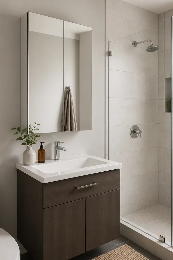 A compact full bathroom with a mirrored medicine cabinet mounted above the sink. The mirror is slightly taller than the sink, and the cabinet has soft-close hinges. The walls are pale warm gray, and a squeegee hangs discreetly on the shower door.