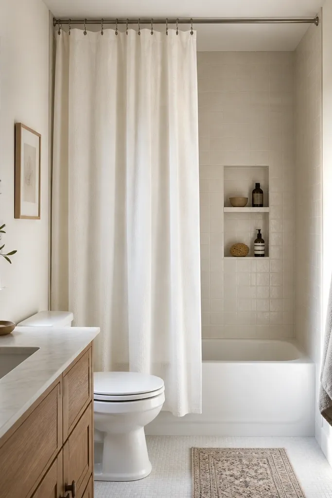 A small full bathroom with a bathtub under a ceiling-height shower curtain rod. The curtain is a textured white linen-look fabric. On the tiled wall, there's a built-in niche with two shelves. The rest of the walls are painted warm white.