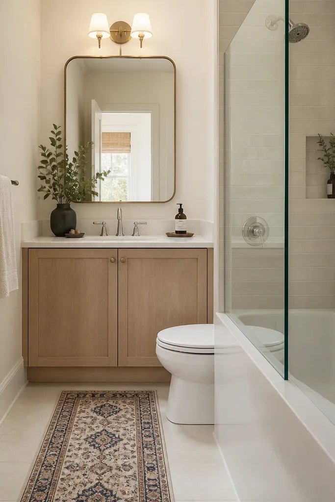 A small full bathroom with the sink and mirror on one wall. The floor has a slim patterned runner rug with a short pile, and the walls are soft cream paint. A small chrome towel bar sits near the door. The shower has a simple glass panel.