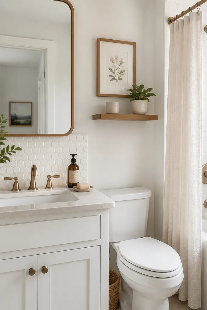 A compact full bathroom where a peel-and-stick tile backsplash sits behind the sink. The tiles look like small white hex with light gray grout lines. The vanity is white, and the mirror has a thin wood frame. The counter is a light stone color.