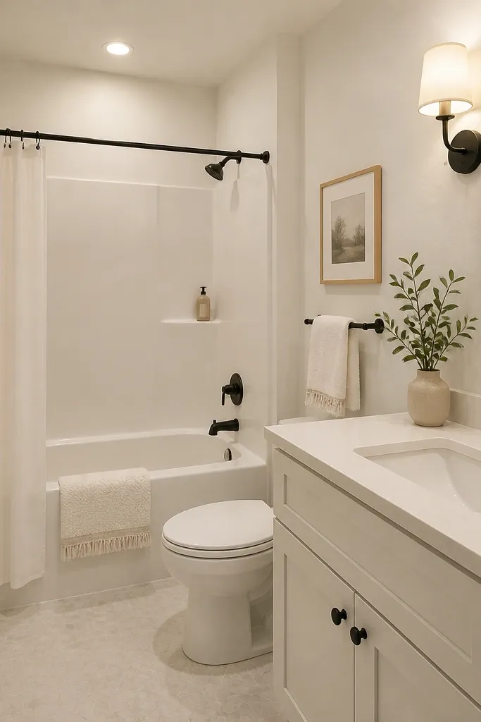 A small full bathroom painted matte white on walls, with satin white trim. A single black accent appears on the faucet, towel bar, and mirror frame. The lighting is warm and the shower has a simple white surround.