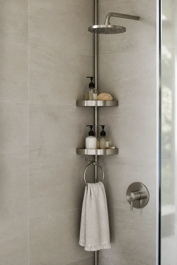 A small shower corner with a built-in-looking corner caddy that matches the shower hardware finish. The caddy has two shelves and a towel ring. The shower has light gray tile, and the curtain or glass is clear.