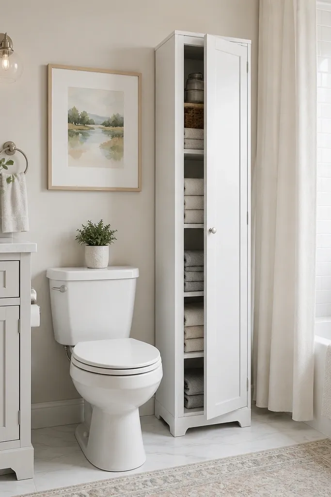 A small full bathroom with a slim linen cabinet placed next to the toilet. The cabinet has closed doors, a soft-close hinge, and an interior shelf ladder. Towels are stacked inside and the exterior has a simple white finish.