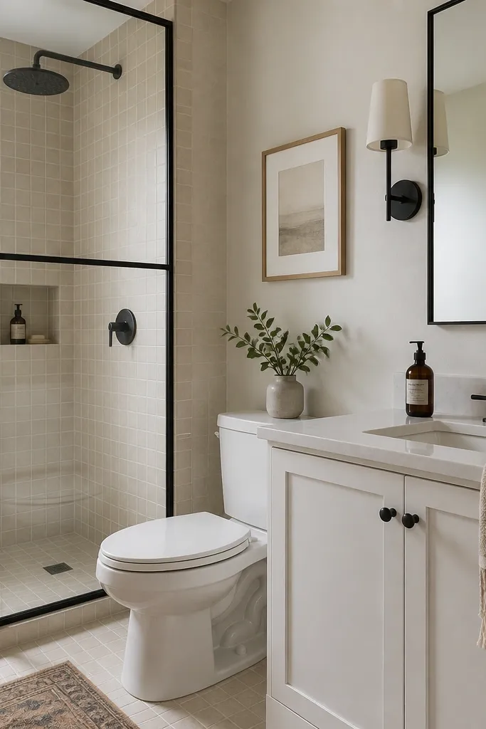 A compact full bathroom with a shower that has a black framed glass panel. The tile is light beige or pale cream with small square format. The toilet and vanity are white, and the mirror has a black frame.