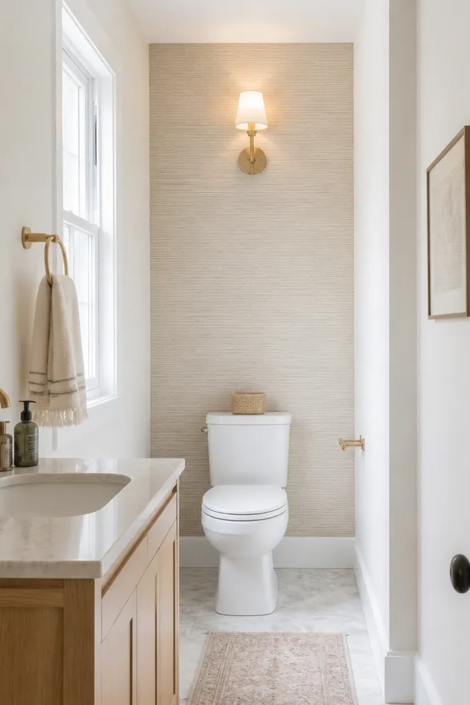 A small full bathroom with a wet-safe textured wallpaper accent behind the toilet. The wallpaper is a subtle beige grasscloth look on a cream base. The rest of the walls are painted soft white. A small wall sconce sits above the wallpaper.