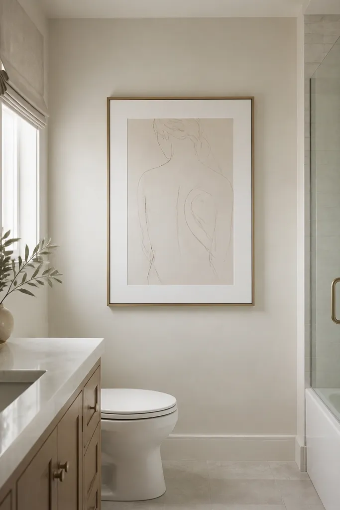 A small full bathroom with one large framed print centered above a toilet or on the side wall. The print has a pale neutral palette with a soft line drawing. The frame is thin and matches the mirror finish. The rest of the walls are plain paint.
