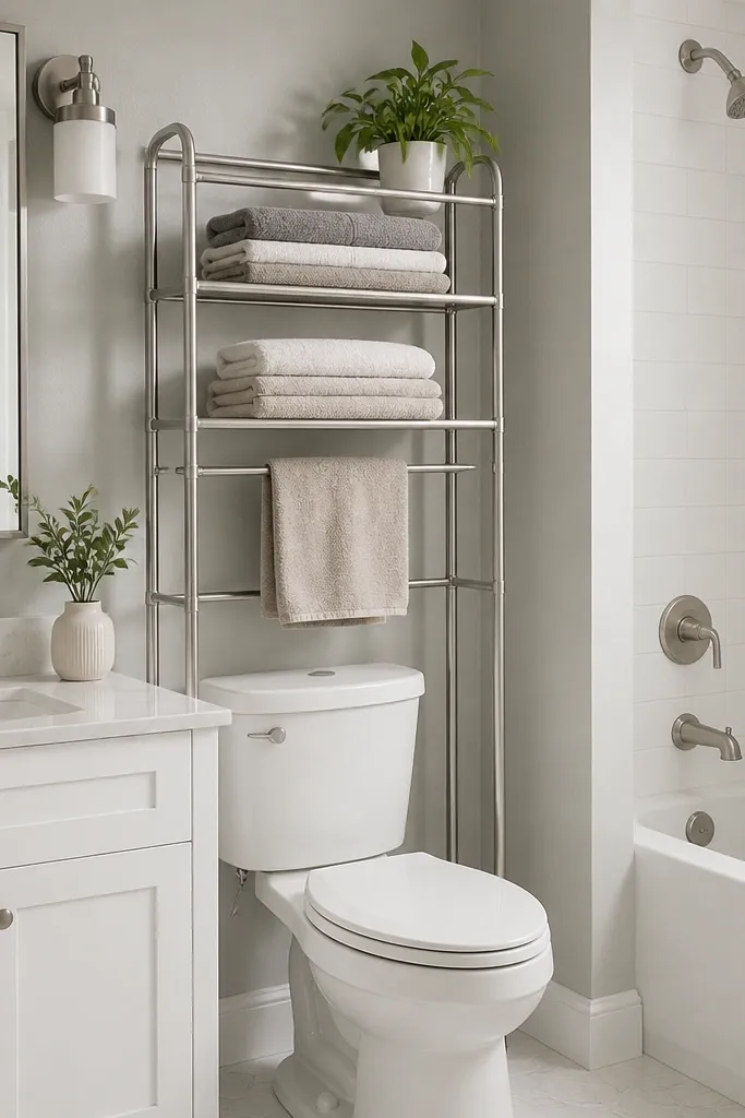 A small full bathroom with an over-the-toilet metal organizer in brushed nickel. It has two shelves and a rod for towels. The towels are folded in neutral tones. The vanity is white, and the mirror is a simple rectangle with matching nickel hardware.