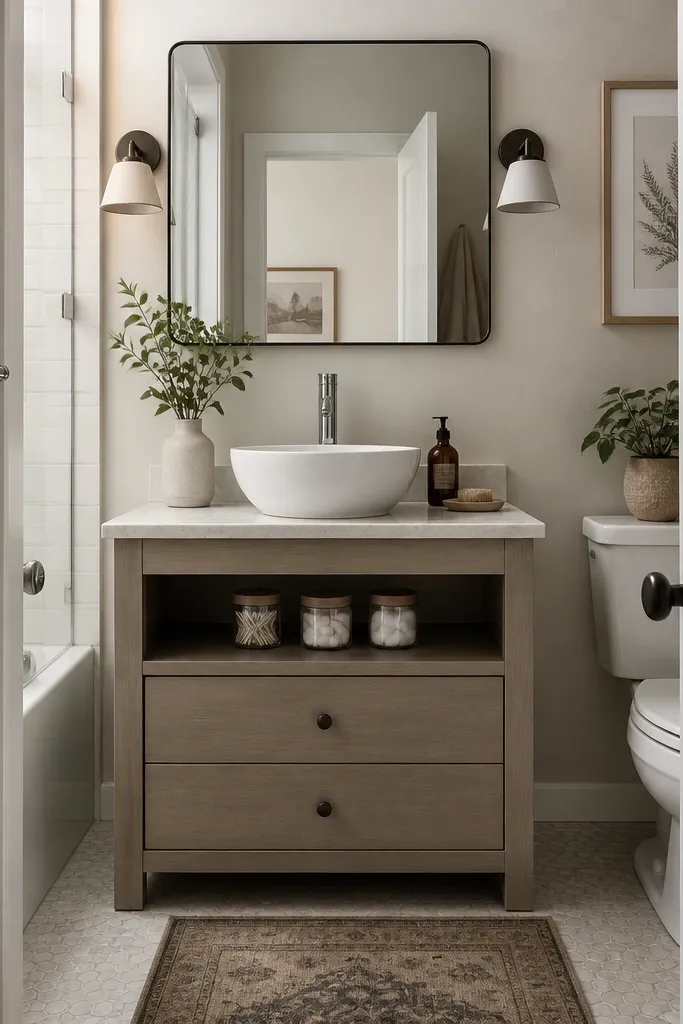 A small full bathroom with a compact vanity that has a closed drawer base and one open shelf above the drawers. The open shelf holds a few matching jars. The sink is a single white bowl with a simple chrome faucet. The mirror is wider than the vanity opening.
