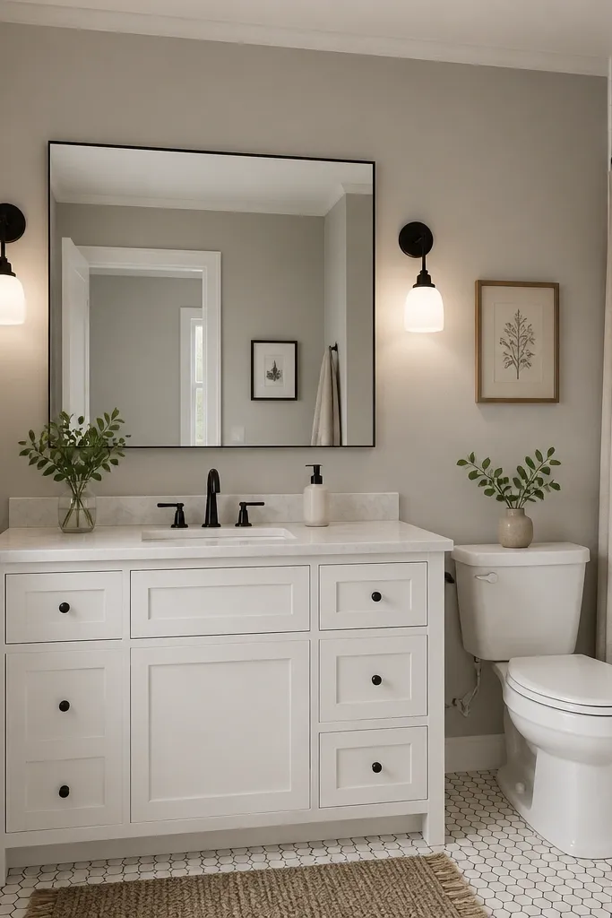 A small full bathroom with a wide rectangular mirror centered over the vanity. Two matte black wall sconces flank the mirror, each with a warm white bulb and white glass shades. The vanity is white, and the walls are a soft warm gray.