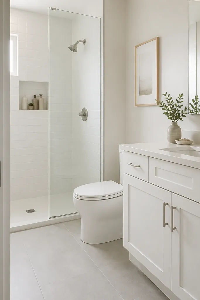 A compact full bathroom with a pocket door that slides into the wall. The shower has an all-white surround with simple tile and a clear glass panel. The vanity is white, and the mirror is a clean rectangle. The floor is light gray.