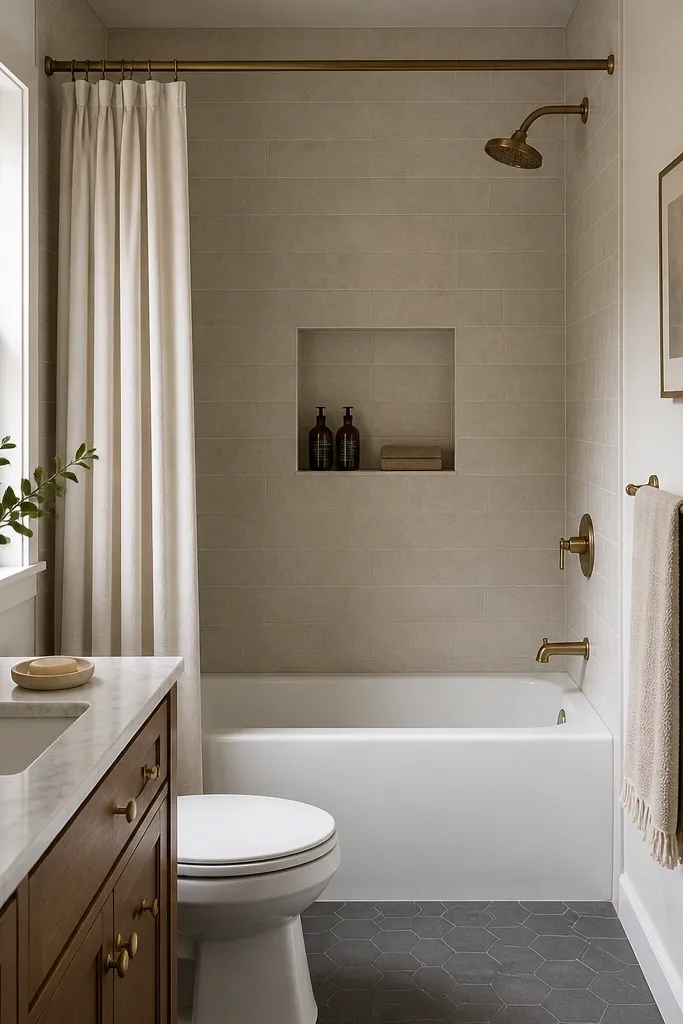 A small full bathroom with a tiled shower niche. The niche is the same tile as the surround, and the grout matches the tile lines. Two small bottles and a folded facecloth sit neatly inside the niche on a lower shelf ledge.
