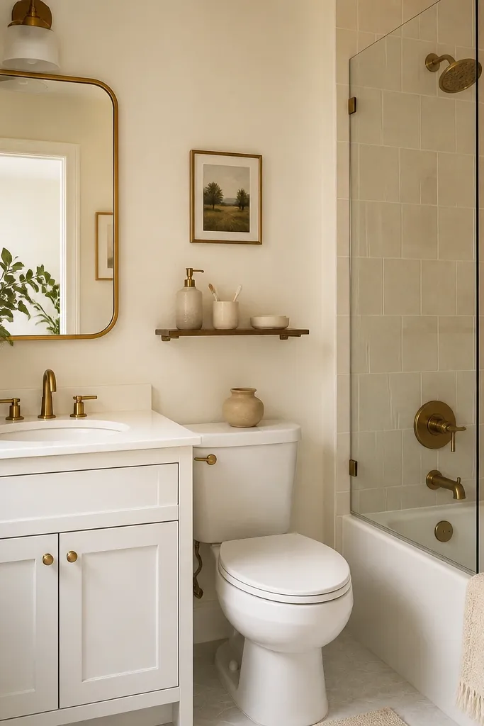 A small full bathroom with a warm brass framed mirror above a white vanity. A small wall shelf holds a soap dispenser, a toothbrush cup, and a single small tray. The walls are warm cream, and the shower has light neutral tile.