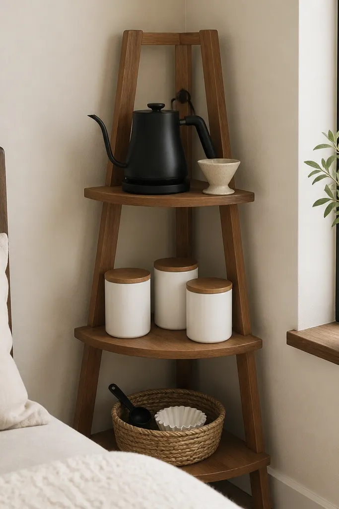 A narrow wooden corner ladder with three shelves sits in a bedroom corner. The top shelf holds a matte black electric kettle and a small ceramic pour-over stand. The middle shelf has three matching white canisters with wood lids. The bottom shelf holds a woven basket with a coffee scoop and filter holder.