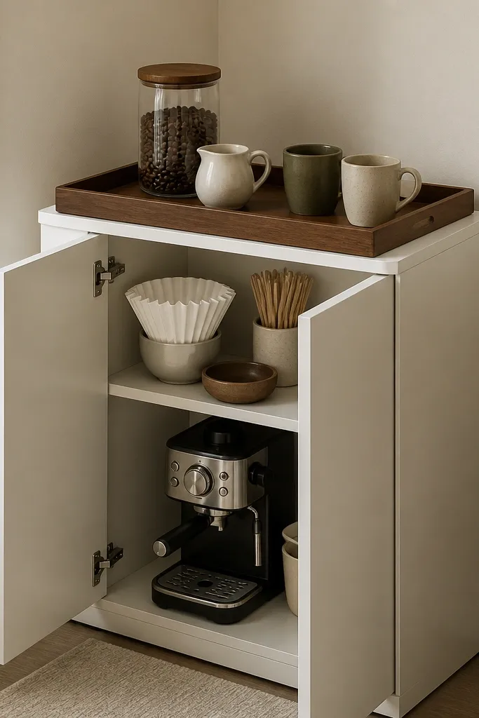 A white slim cabinet with two doors sits in the corner. On top is a large rectangular tray in dark walnut. A glass jar of coffee beans, a small ceramic creamer, and two mugs sit neatly. Inside the cabinet are shelves holding filters, stir sticks, and a compact espresso machine.