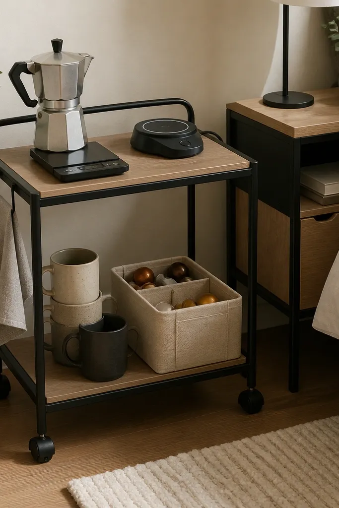 A two-tier rolling cart with black metal frame and light wood shelves sits in the corner beside a matching nightstand. The top shelf holds a moka pot, a small scale, and a cup warmer plate. The bottom shelf holds a stack of mugs and a bin for pods. A small hook holds a towel.
