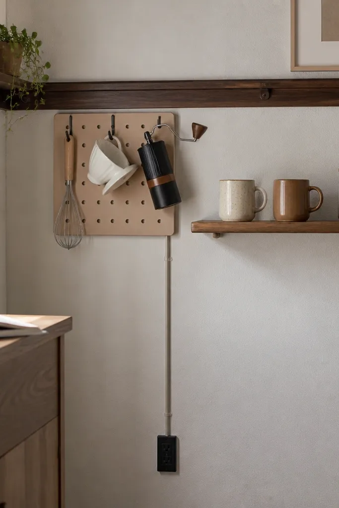 A wall-mounted shelf rail runs along the side of a corner. Below it, a small pegboard panel holds hooks for a whisk, pour-over dripper, and a hand grinder. A narrow floating shelf displays two mugs and a glass jar. A slim cord cover runs down to an outlet.