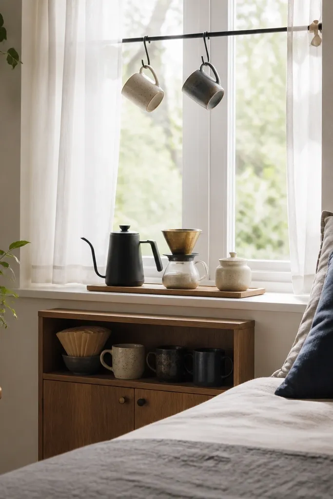 A bright bedroom corner with a window. The window sill has a thin tray with a kettle, a small pour-over cone, and a ceramic sugar jar. Under the sill, a small cabinet keeps filters and mugs. Two mugs hang on a rail under the upper curtain rod.