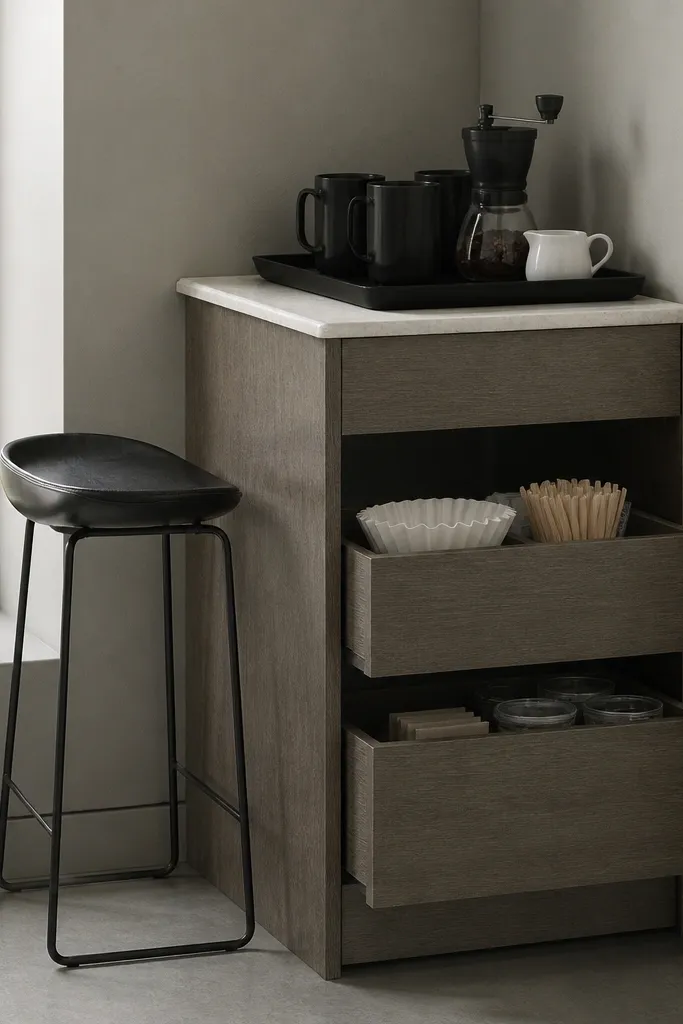 A small wall unit with a countertop-like surface sits in a corner. A slim stool is tucked beside it. On top is a black tray with mugs, a white creamer, and a small grinder. Inside the unit are pull-out bins with filters and stir sticks.