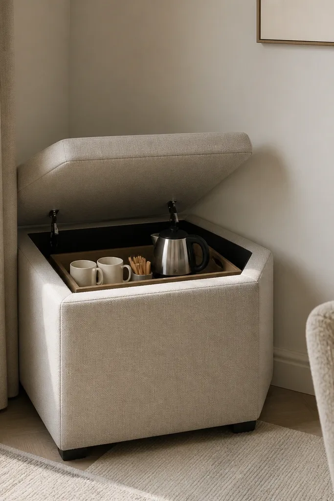 A small upholstered corner bench in beige linen sits in the corner. The bench top lifts to reveal storage. A removable tray insert holds a kettle, mugs, and a small bin for stir sticks. The tray looks like it belongs inside the bench.