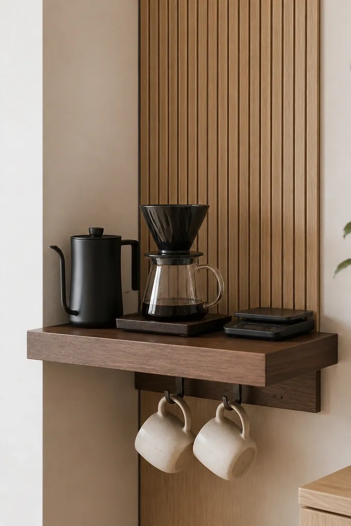 A floating shelf mounted in the corner has a coffee setup on top. Under the shelf, small hooks hold two mugs. The wall behind has a narrow vertical panel in light wood. A small scale sits near the back edge with a tray underneath.