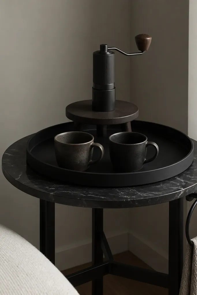 A small round side table in black marble-look top sits in a corner. A large black tray covers most of the surface. Two mugs sit on the tray, with a grinder on a small raised stand. A slim metal towel ring is attached to the side table leg.