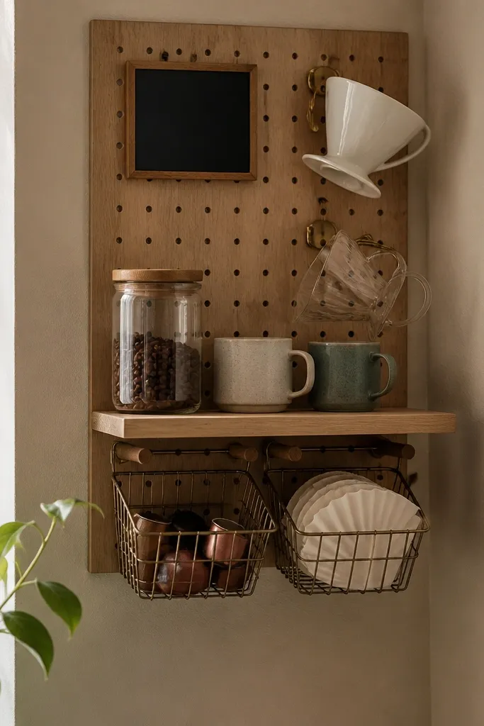 A corner wall has a pegboard panel with a small shelf attached. Two wire baskets hang underneath for pods and filters. A small chalkboard label sits near the top. A pour-over cone and dripper are hanging on hooks, with a jar and two mugs on the shelf.